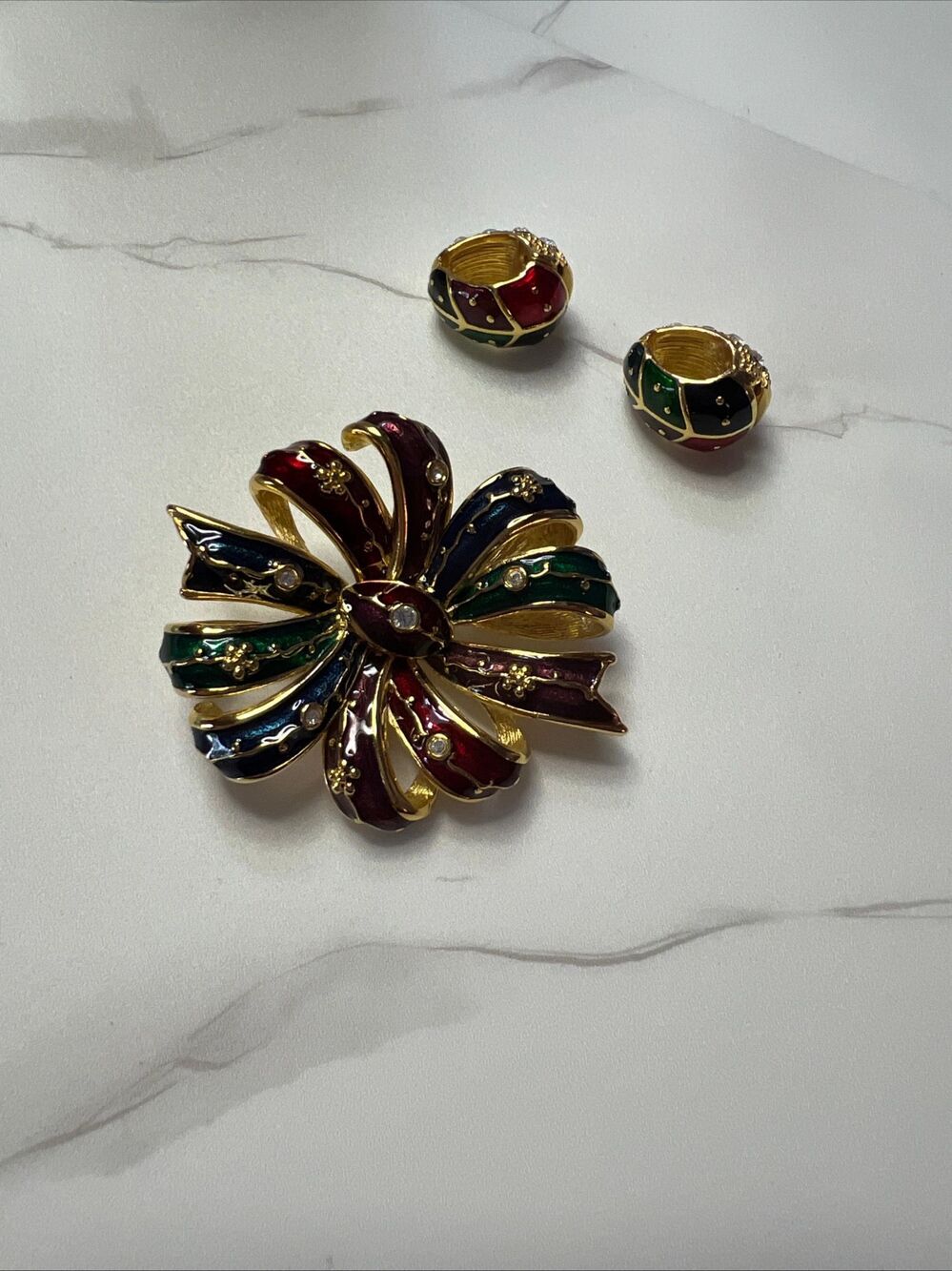 Joan Rivers Enamel Floral Flower Brooch And Matching Earrings Set Gold Tone